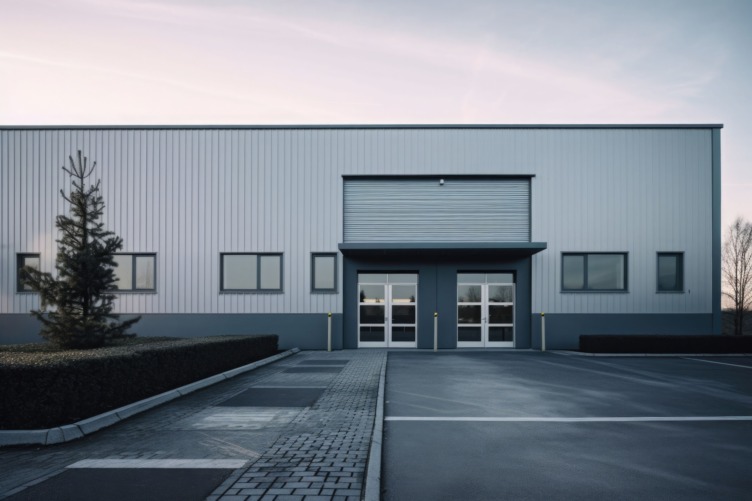 Exterior of a modern warehouse with a small office unit. Outdoor picture of large industrial and commercial buildings. Generative AI illustration